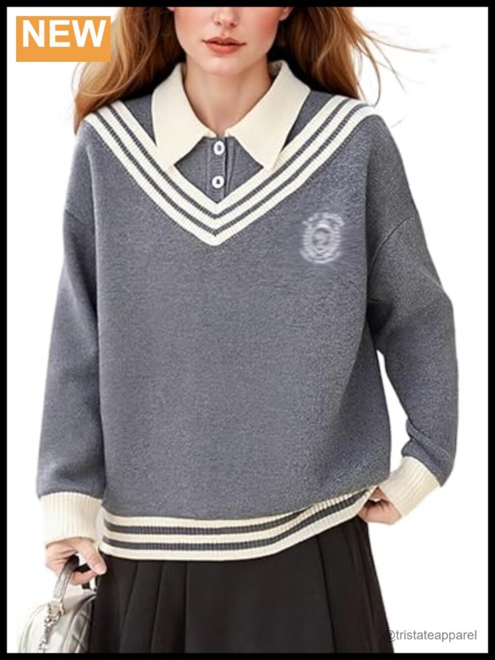 Women's 2 in 1 Ribbed Knit Pullover Sweater Long Sleeve Preppy Korean Style